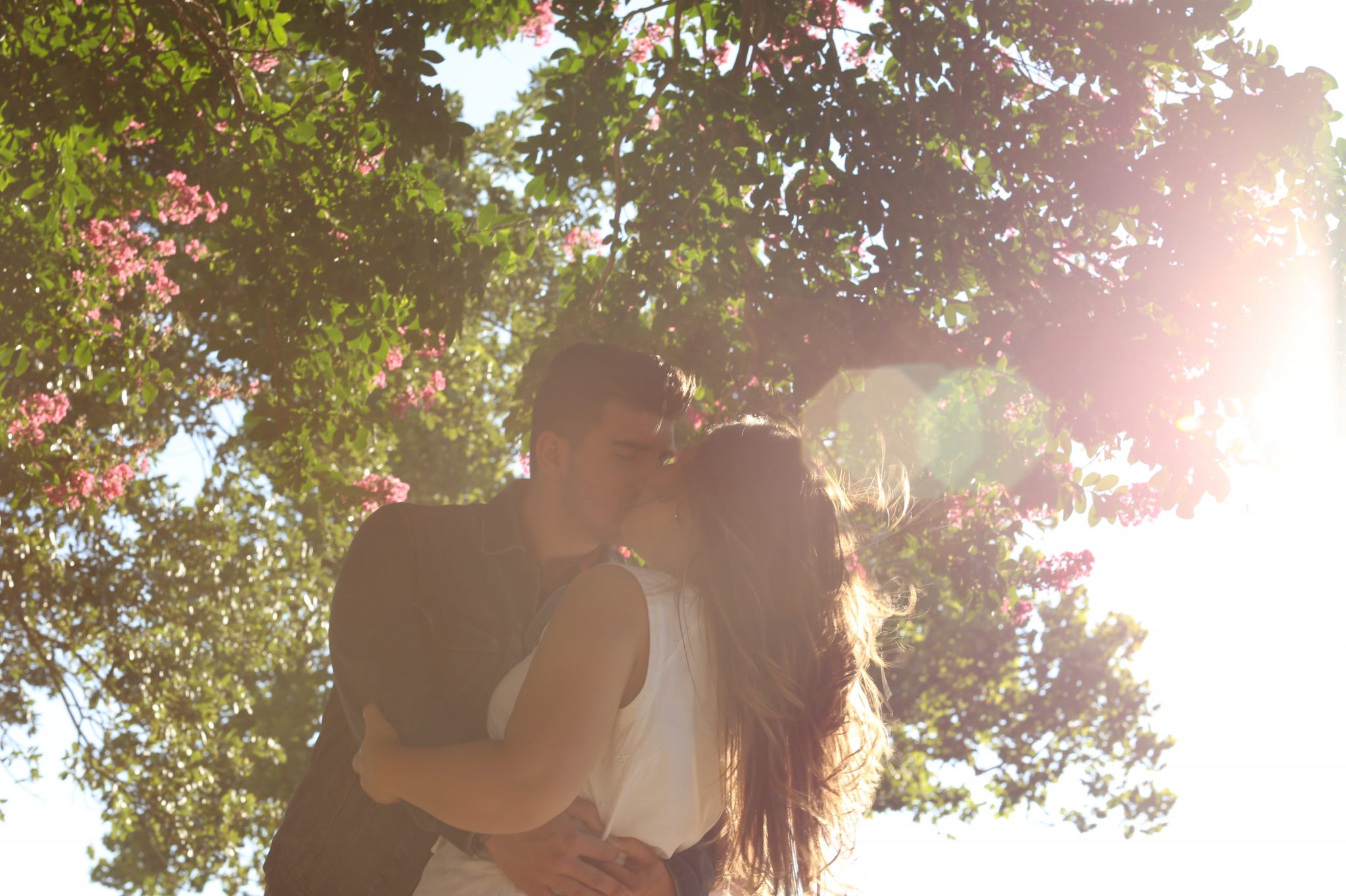 Couple au soleil s'enlaçant sous les arbres