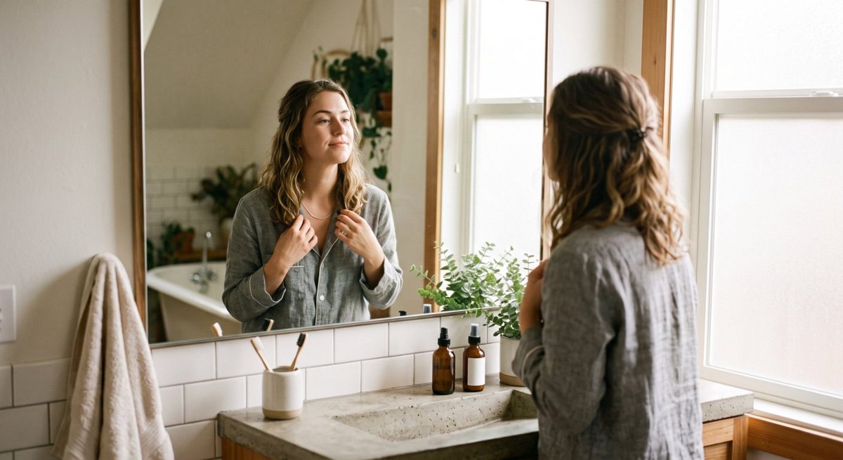 Femme devant le miroir de sa salle de bain, le matin