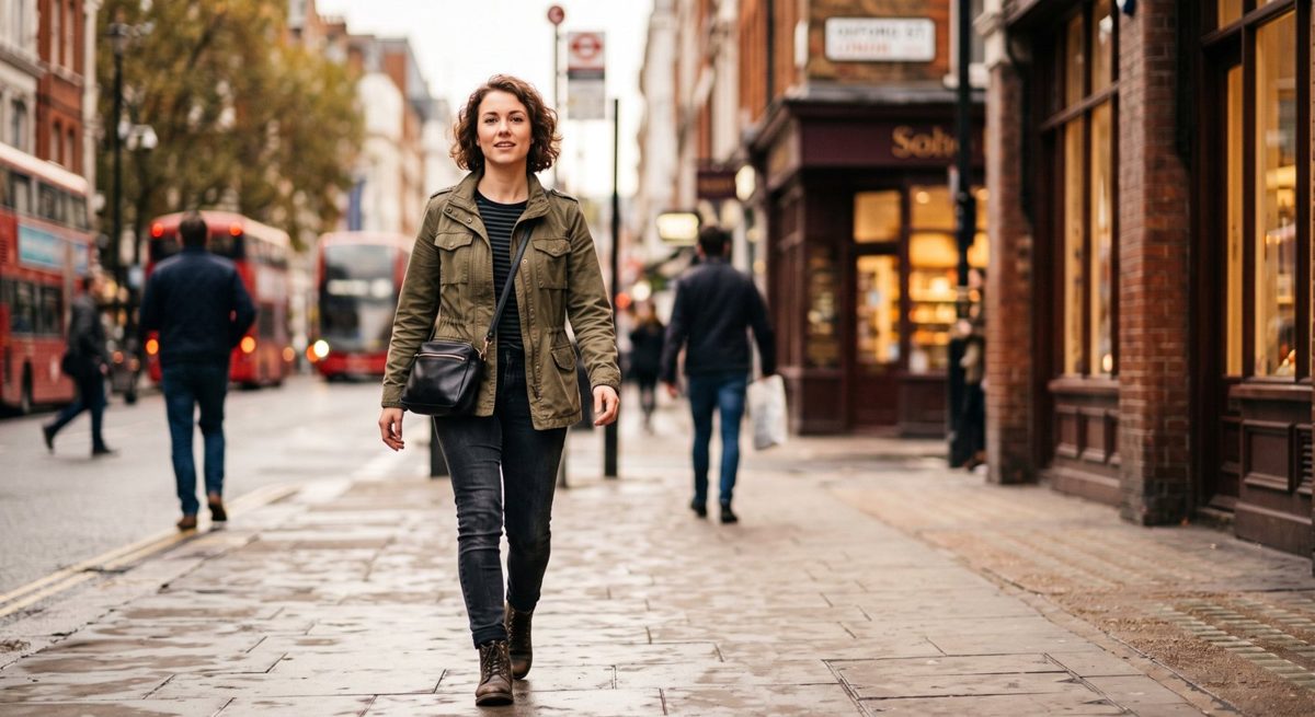 Femme qui marche dans la rue en regardant devant elle avec un léger sourire