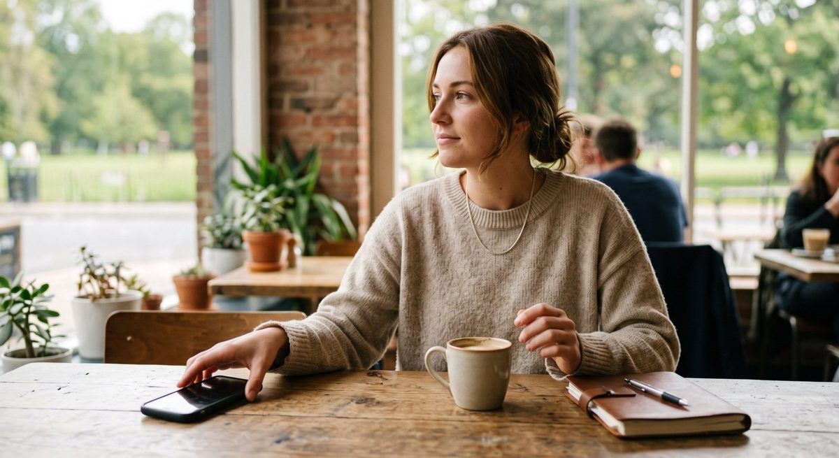 Femme pensive dans un café, son téléphone posé sur la table