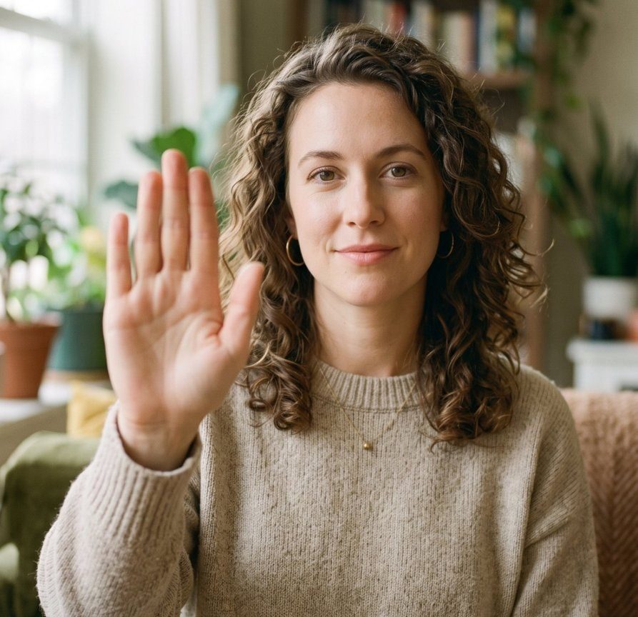 Femme souriante qui lève la main pour dire non avec bienveillance