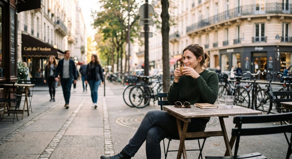 Femme qui savoure un café seule en terrasse
