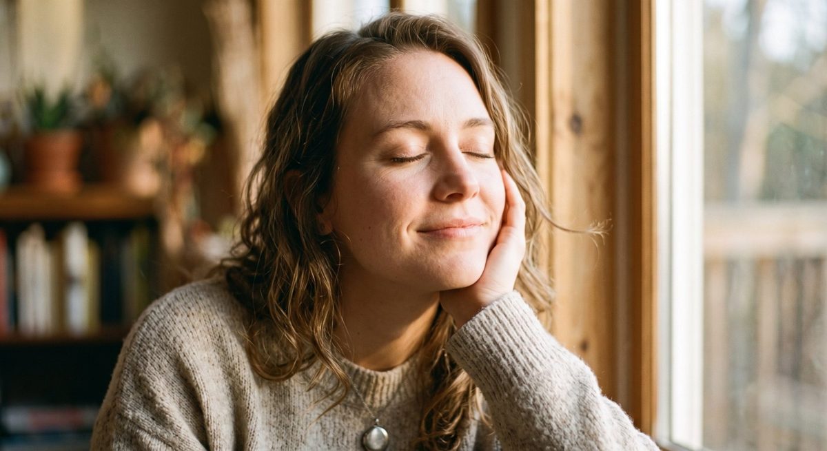 Femme les yeux fermés, souriante, qui visualise un rendez-vous réussi